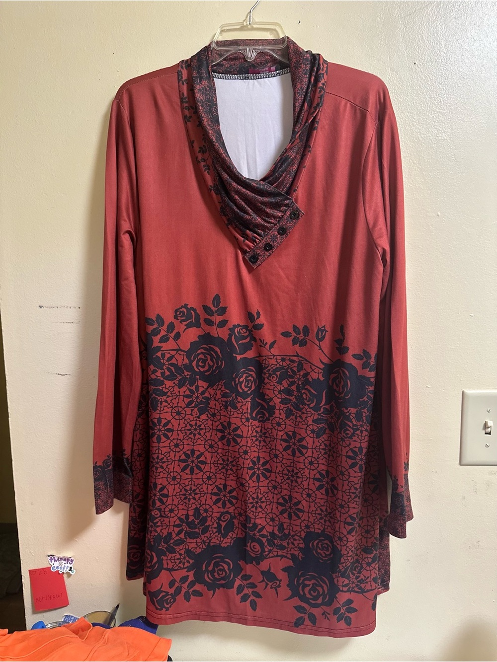 Azalea Long-Sleeve Red Floral Tunic Top with Draped Cowl Neck 3X